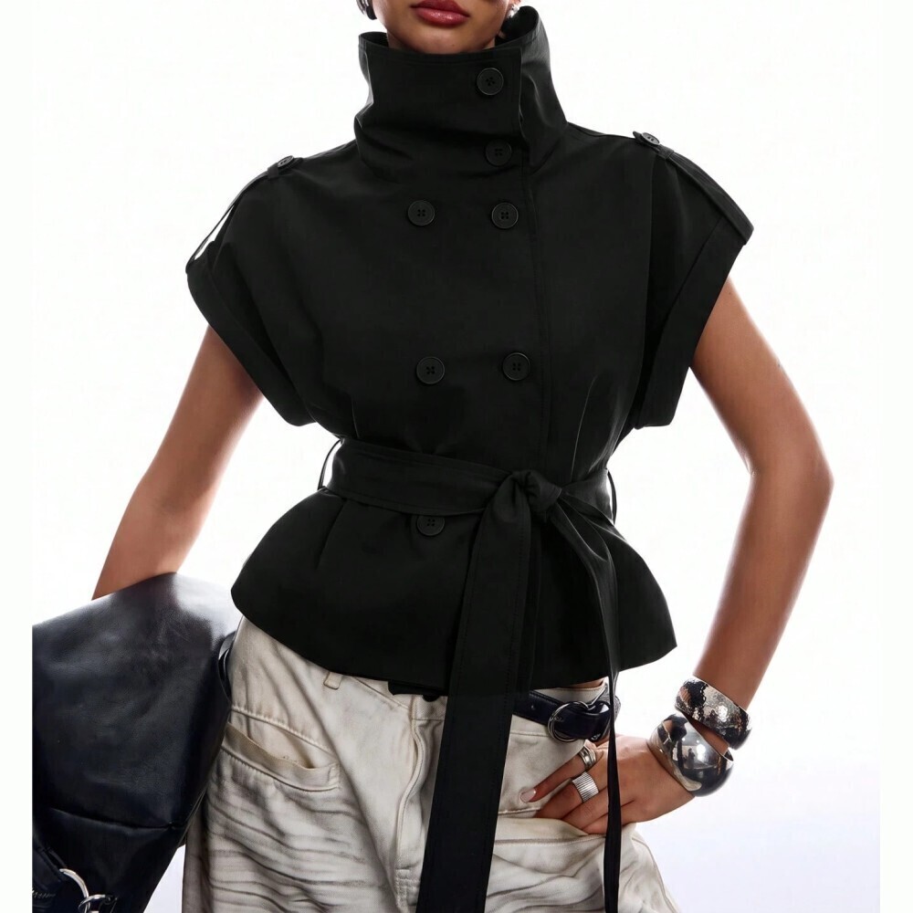 Black Belted Double-Breasted Cap Sleeve Peplum Trench Jacket Vest